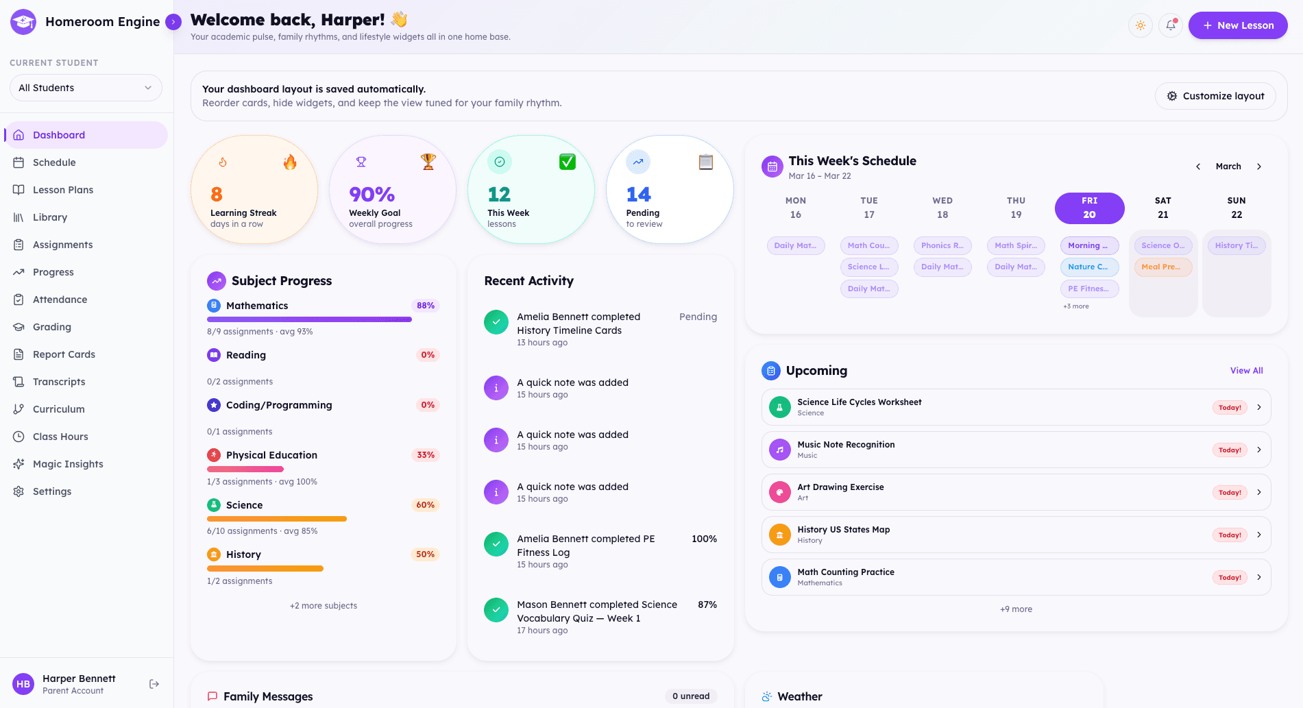Homeroom Engine dashboard preview showing schedules, progress tracking, and AI insights